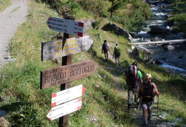un gruppo di escursionisti di schiena lungo un sentiero, in primo piano paline con le indicazioni